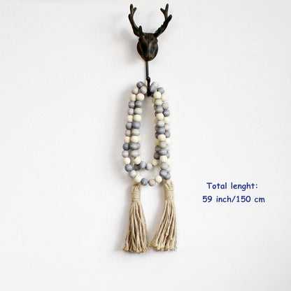 CVHOMEDECO. Wood Beads Garland with Tassels Farmhouse Rustic Wooden Prayer Bead String Wall Hanging Accent for Home Festival Decor. Grey Mix Distressed