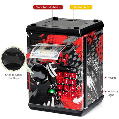 ATM Piggy Bank for Boys Girls, Vcertcpl Mini ATM Coin Bank Money Saving Box with Password, Kids Safe Money Jar for Adults with Auto Grab Bill Slot, Great Gift Toy Bank for Kids