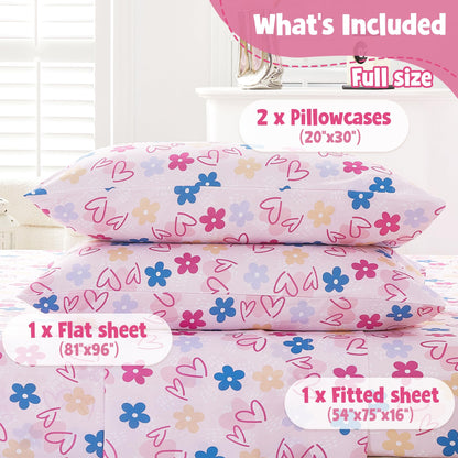 CozySmile Full Sheet Set Kids,4 Pieces Breathable Soft Microfiber Bedsheets for Child Girls, Oeko-TEX, Anti Pilling Deep Pockets Easy Care Bed Sheets, Heart