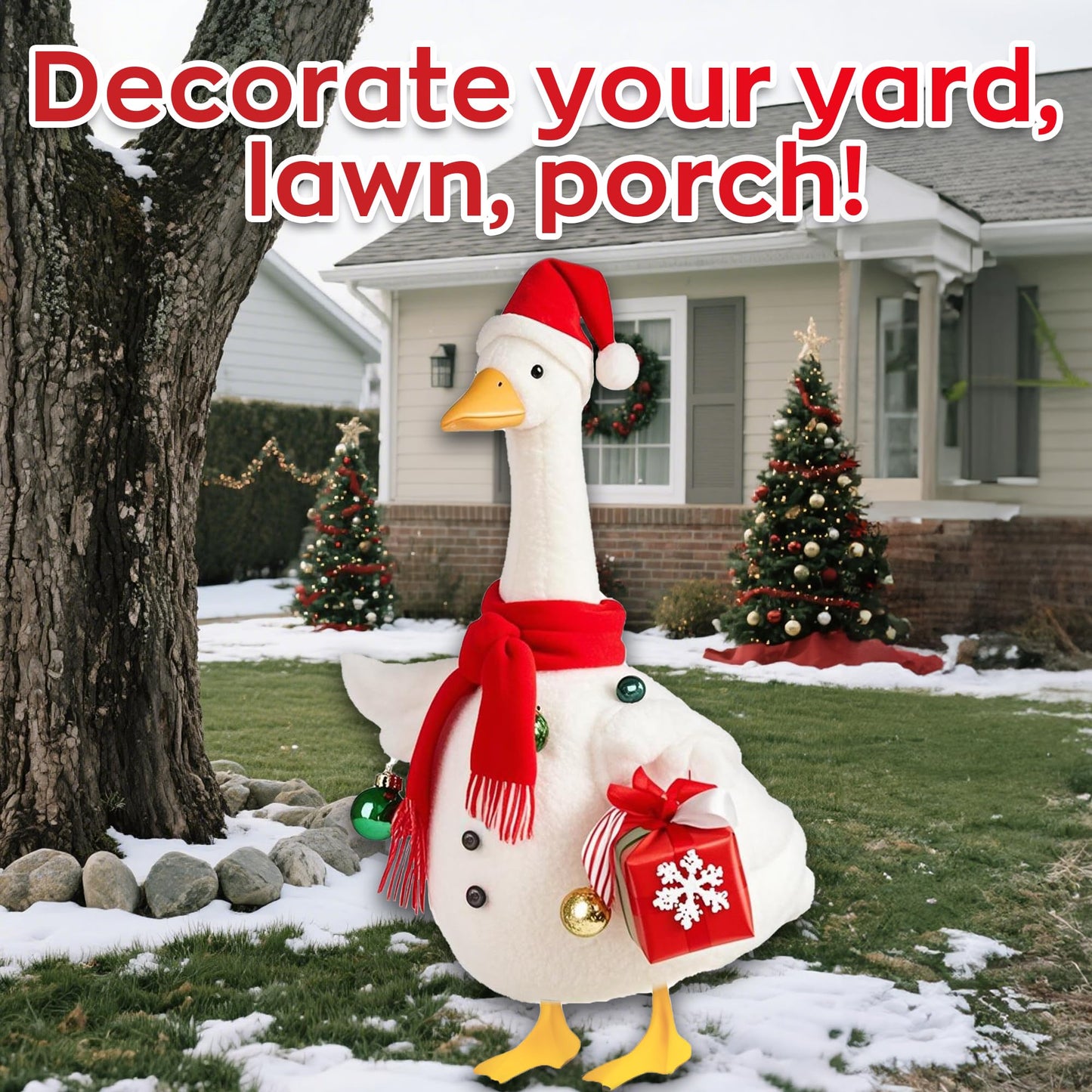 Lodaxu Christmas Snowman Porch Goose Outfits for Large 23" High Cement or Plastic Goose Statue, Yard Goose Cloths with Christmas Hat and Snowflake Gift Box Decor for Outdoor Lawn Gaden Patio