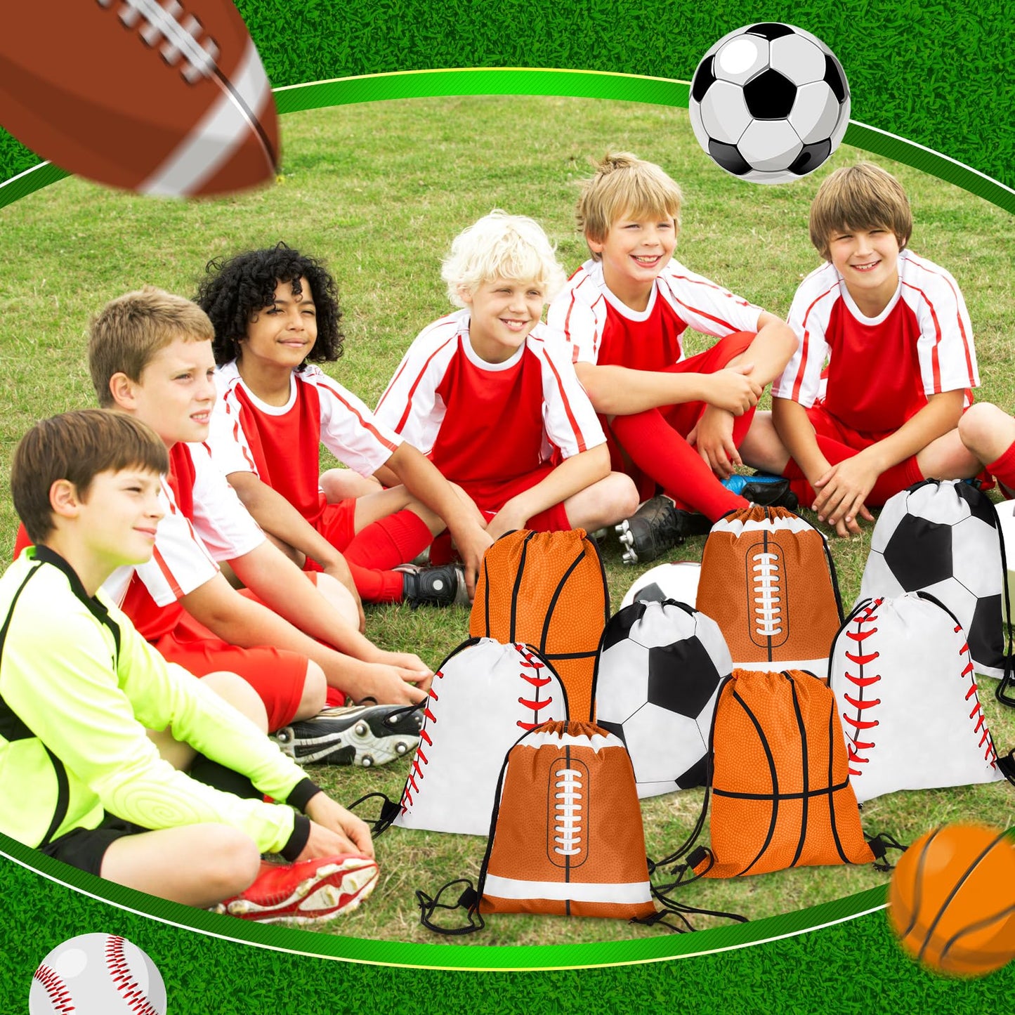 Censen 24 Pcs Drawstring Bags Set Bulk 12 x 10 Inch Waterproof Beach Pack for Soccer Baseball Basketball Football Gift Party (Sport Style)