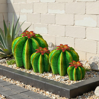 KODIBO Garden Statues, Metal Agave Plant with 4-Pack Artificial Barrel Cactus, Yard Sculpture for Outdoor Patio Lawn