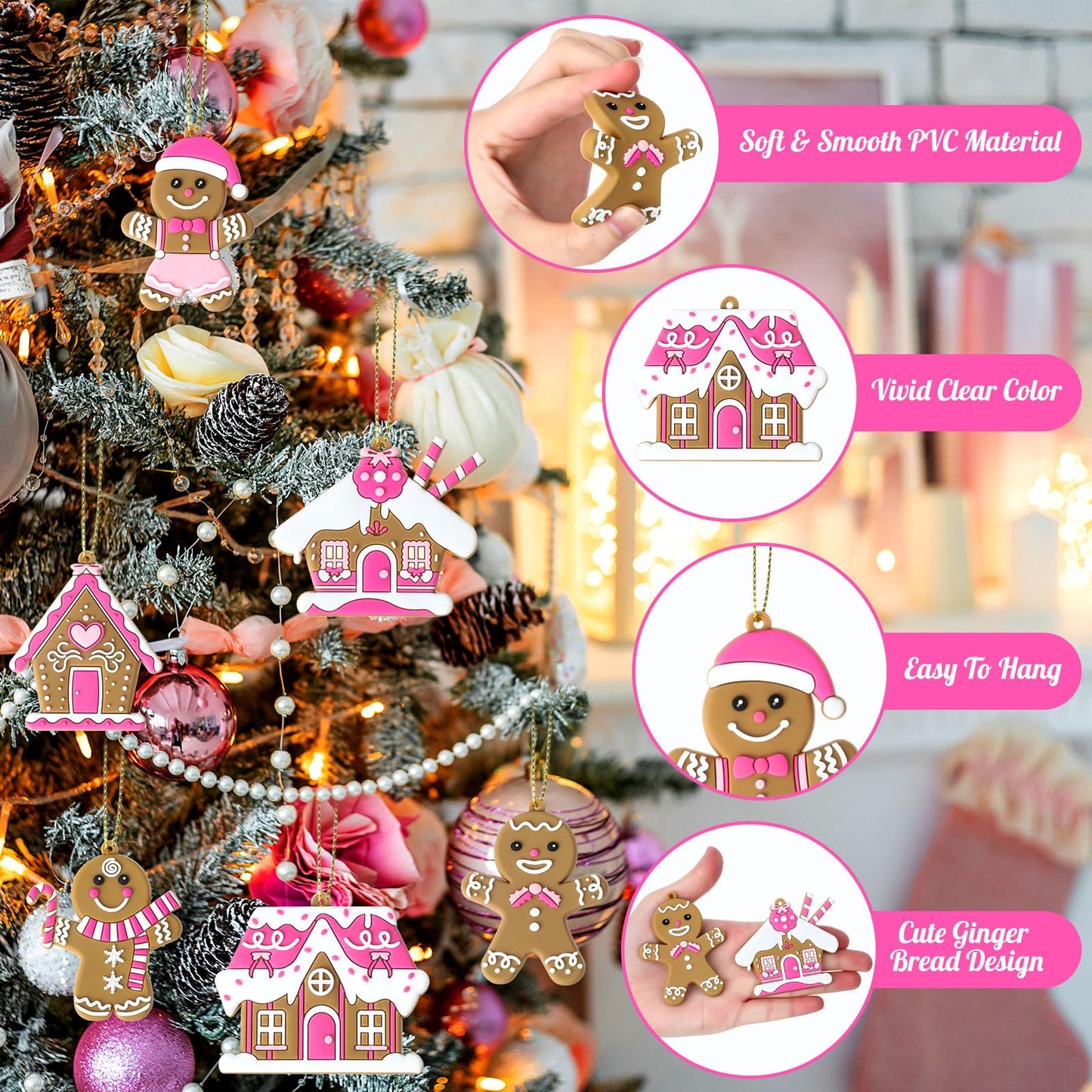 Threehoney 18 Pcs Pink Gingerbread Man Ornaments for Christmas Tree Pink Gingerbread House Candy Cane Pendant Charm Cute Plastic Christmas Decoration Hanging Party Decor for Xmas Winter Party Supplies