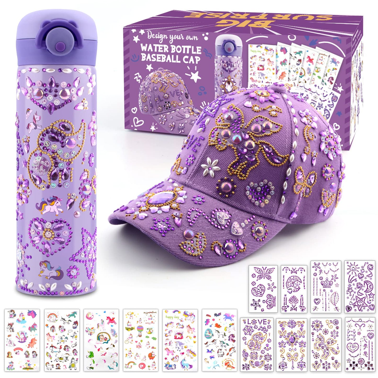 Gifts for Girls Age 4-12, Birthday Gifts Presents for Girls 5 6 7 8 9 10 11 Year Old, Back to School DIY Water Bottle and Baseball Cap Toys for Girl Craft Kit, Decorate Your Own Water Bottle Kids