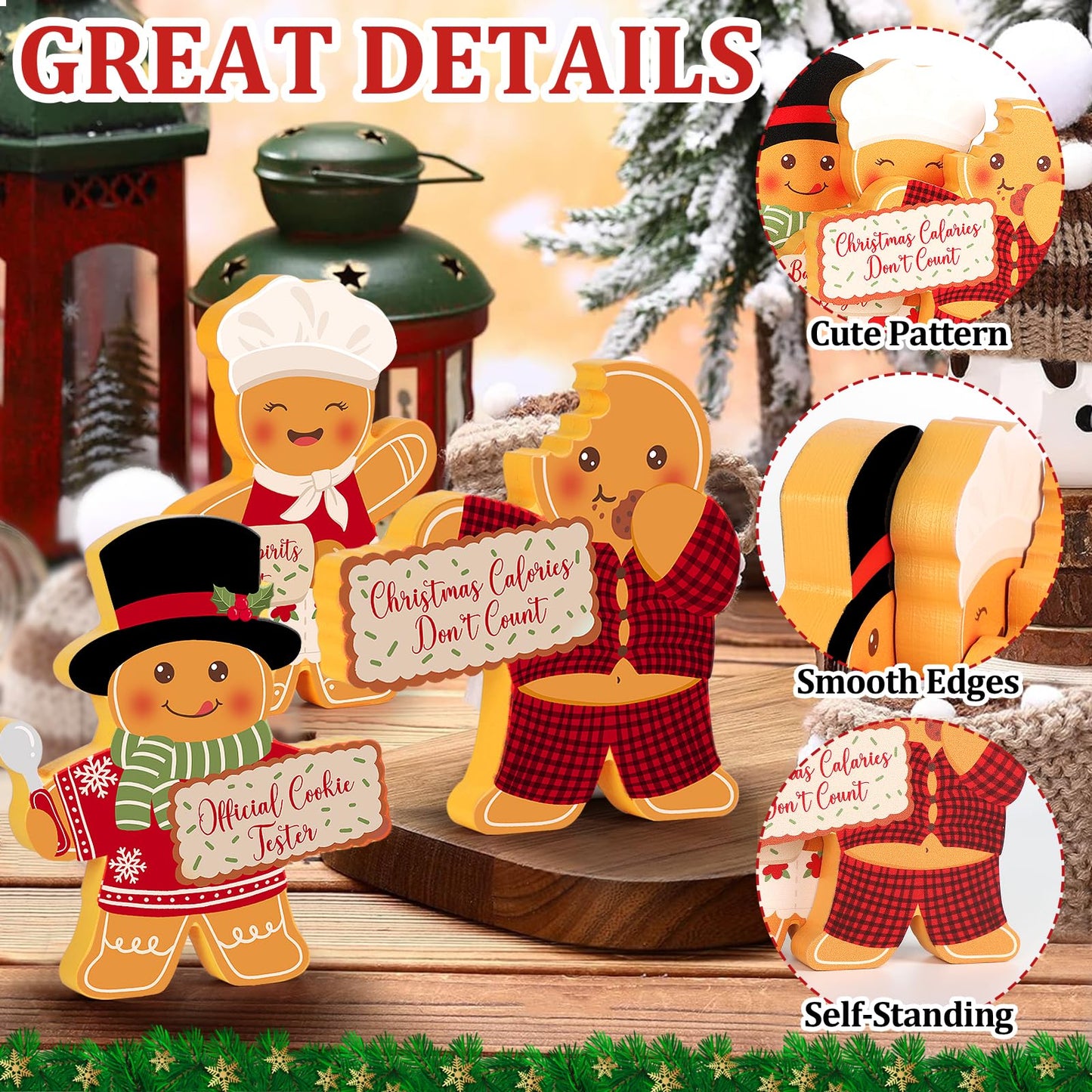 COCHIE Gingerbread Man Christmas Decorations Indoor, Cute Gingerbread Man Tiered Tray Decor Set of 3, Wooden Gingerbread Man Blocks Xmas Table Decoration for Party Home Office Shelf Door (Kitchen)