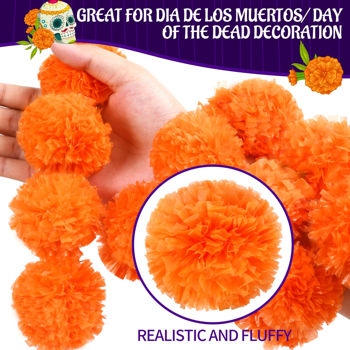 OCTERIC 6 Pcs 5 Ft Artificial Marigold Flowers Garland, Dia de Los Muertos Faux Garlands Diwali Decoration with Pendant Bell for Indian American Wedding Party Mantle Decor (Dark Orange)