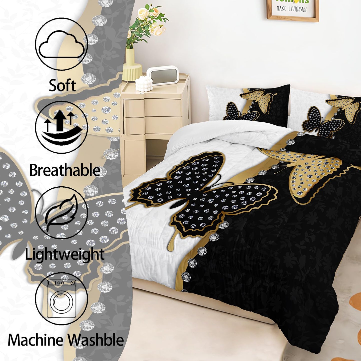 AILONEN Butterfly Comforter Set Full Size, Black Gold Butterfly Diamonds Pattern Bedding Set for Girls Adults,Luxury Black White Soft Lightweight Duvet Set 3 Pieces(1 Comforter + 2 Pillowcases)