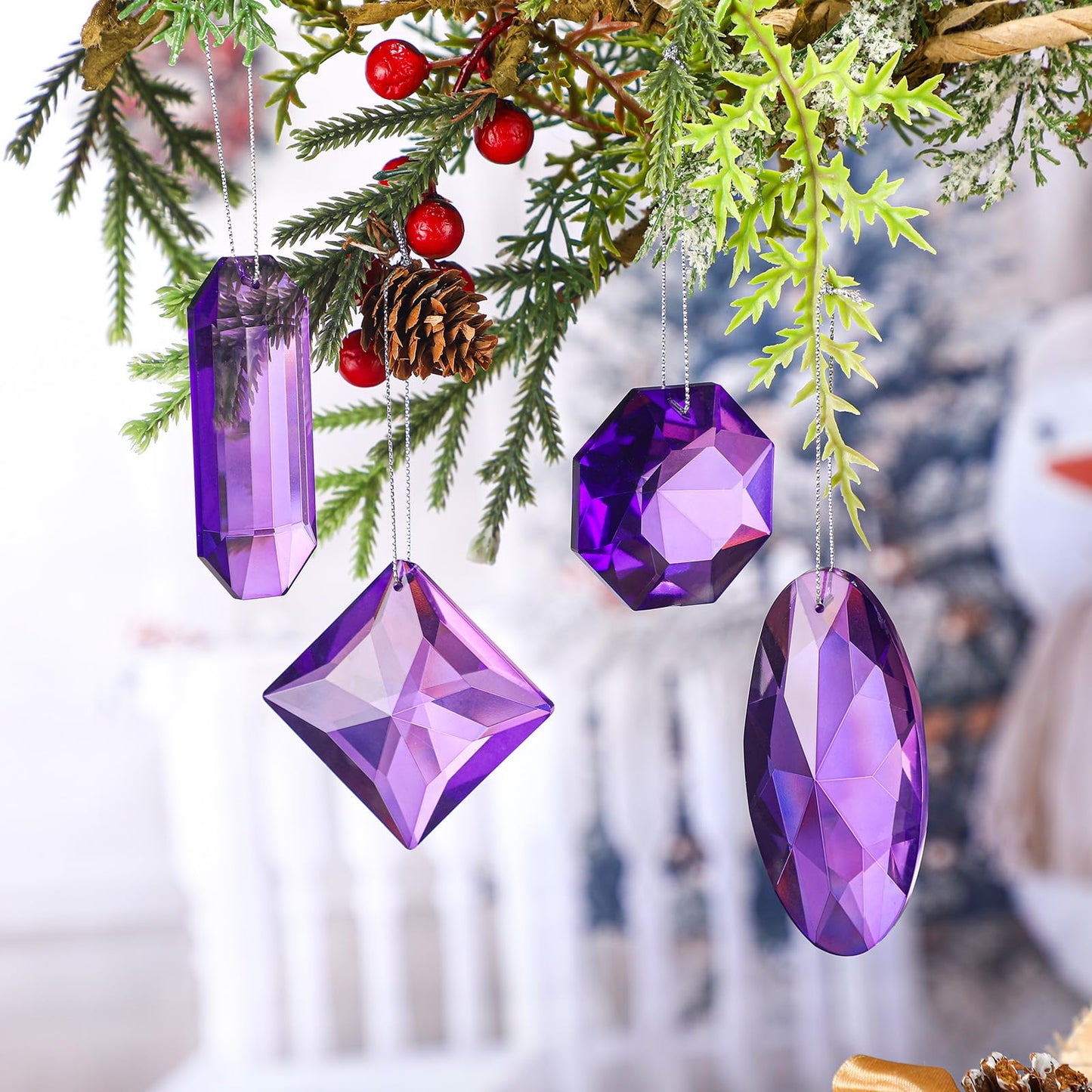 Simgoing 8 Pack Jewel Ornaments 1.2" - 3.5" Crystal Jewel Hanging Decorations for Christmas Tree Glitter Gemstone Ornaments Rectangle Square Oval Rhombus for Home Wedding & Holiday Party Decor(Purple)