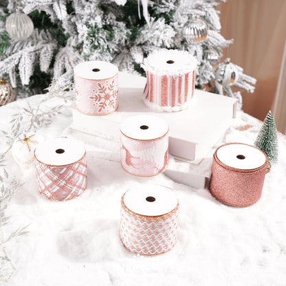DINDOSAL Rose Gold Christmas Ribbon Wired 2.5" Pink Christmas Tree Ribbon Garland Rose Gold Glitter Wired Ribbon for Crafts, Wreaths, Topper Bows, Gift Wrapping, Home Decor (6 Rolls 36 Yards)
