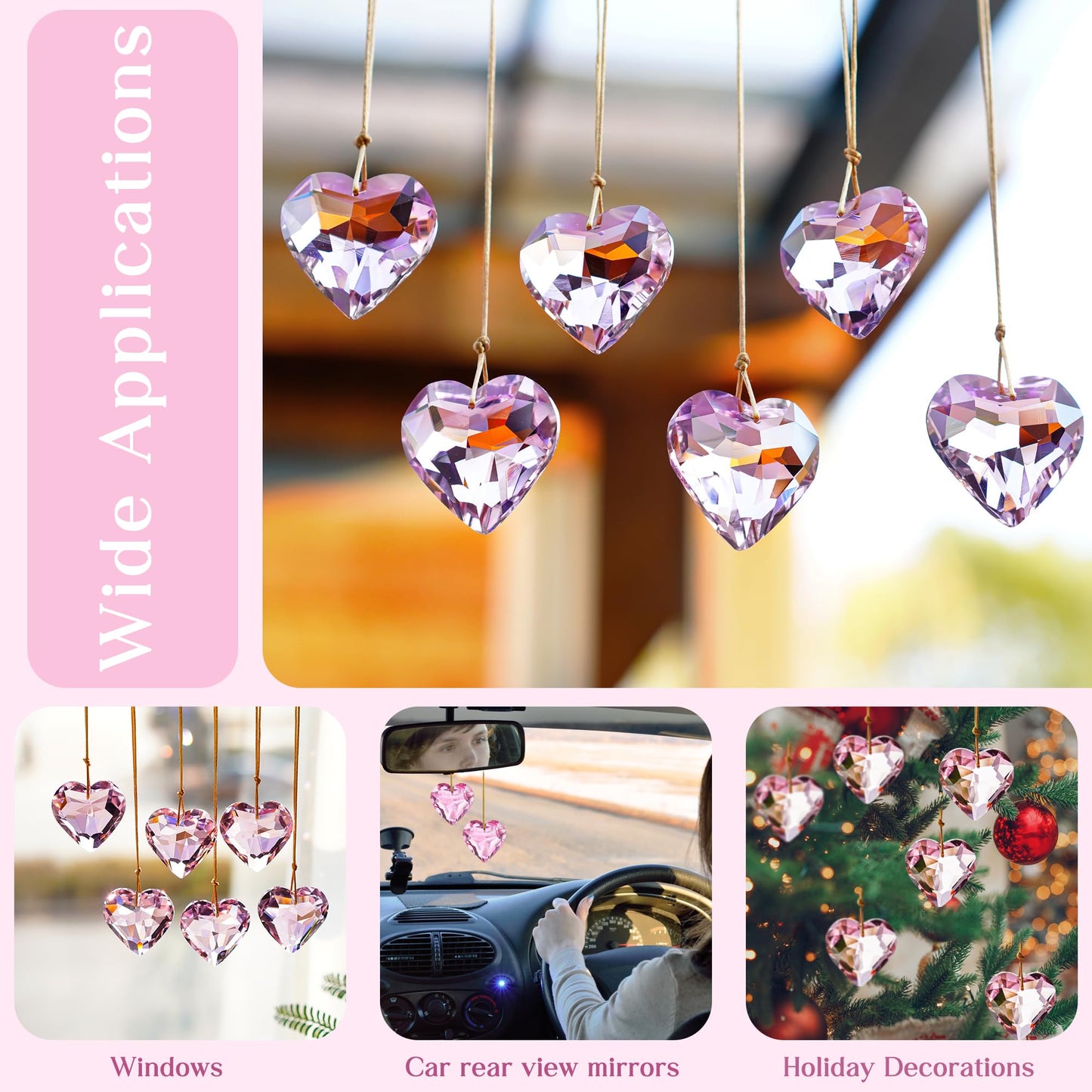 H&D HYALINE & DORA 6pcs Pink Heart Crystal Ornaments Valentine's Day Heart Shaped Ornaments Rainbow Hanging Crystals Ornament Pendant for Window, Wedding Decoration