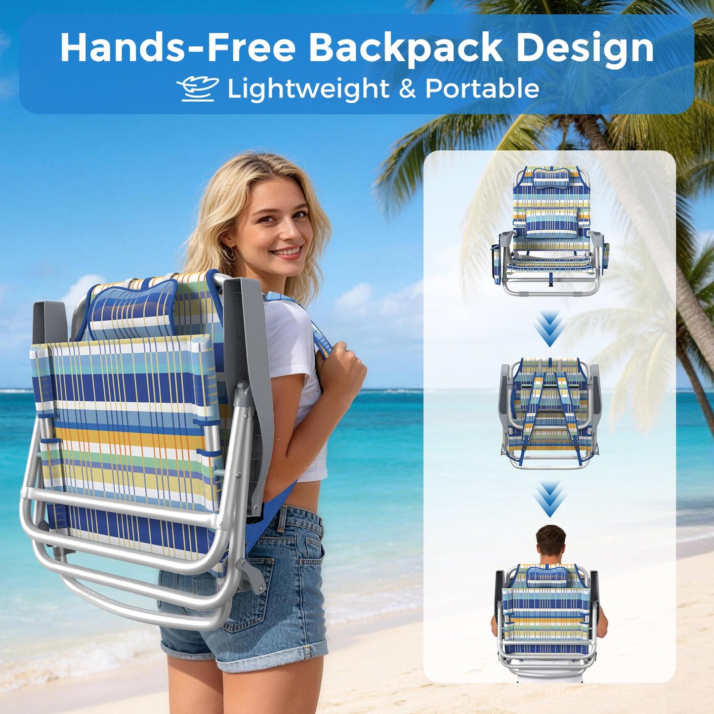 5-Position Backpack Beach Chairs for Adults, Foldable Heavy-Duty Beach Chair with Lumbar,Cooler Bag,Cup Holder,Towel Rack for Beach, Camping, Outdoor(2Pack)