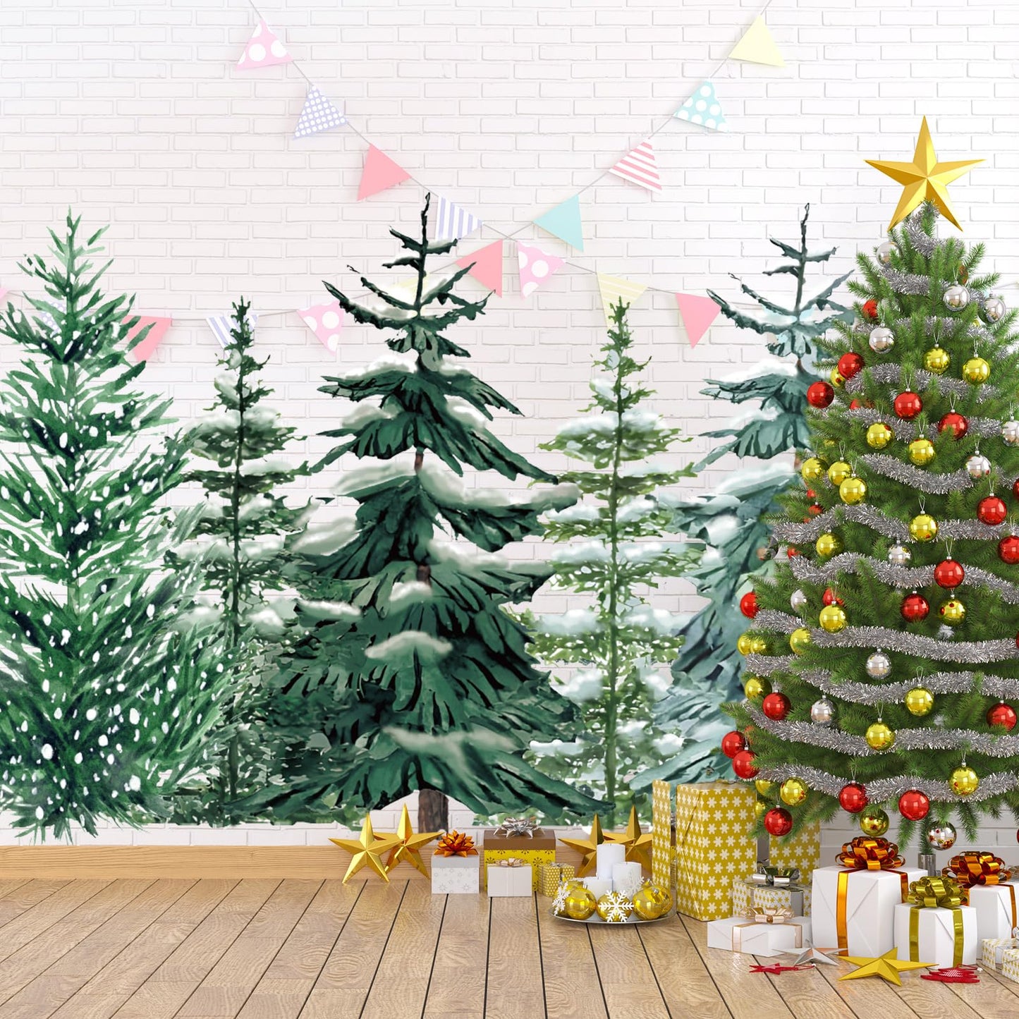 JarThenaAMCS 6 Sheets 35.4 x 71 Inch Winter Christmas Wall Stickers Snowy Forest Pine Tree Wall Stickers Peel and Stick Large Room Mural Decals for Xmas Home Party Decoration