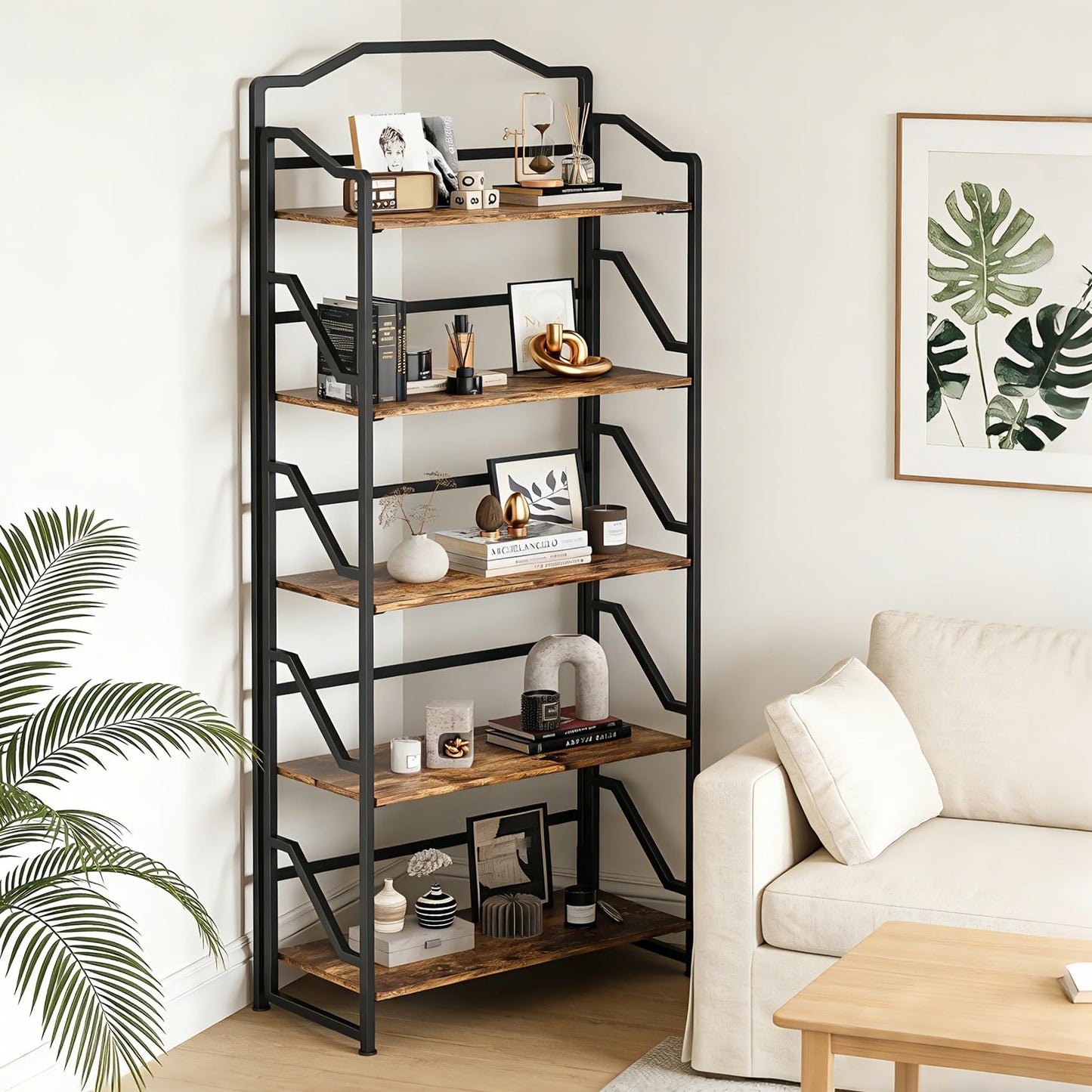 JSB 5 Tier No Assembly Folding Bookshelf, Foldable Storage Bookcase for Home Office, Space-Saving Storage Shelf for Living Room, Bedroom (Rustic Brown, 5-Tier)