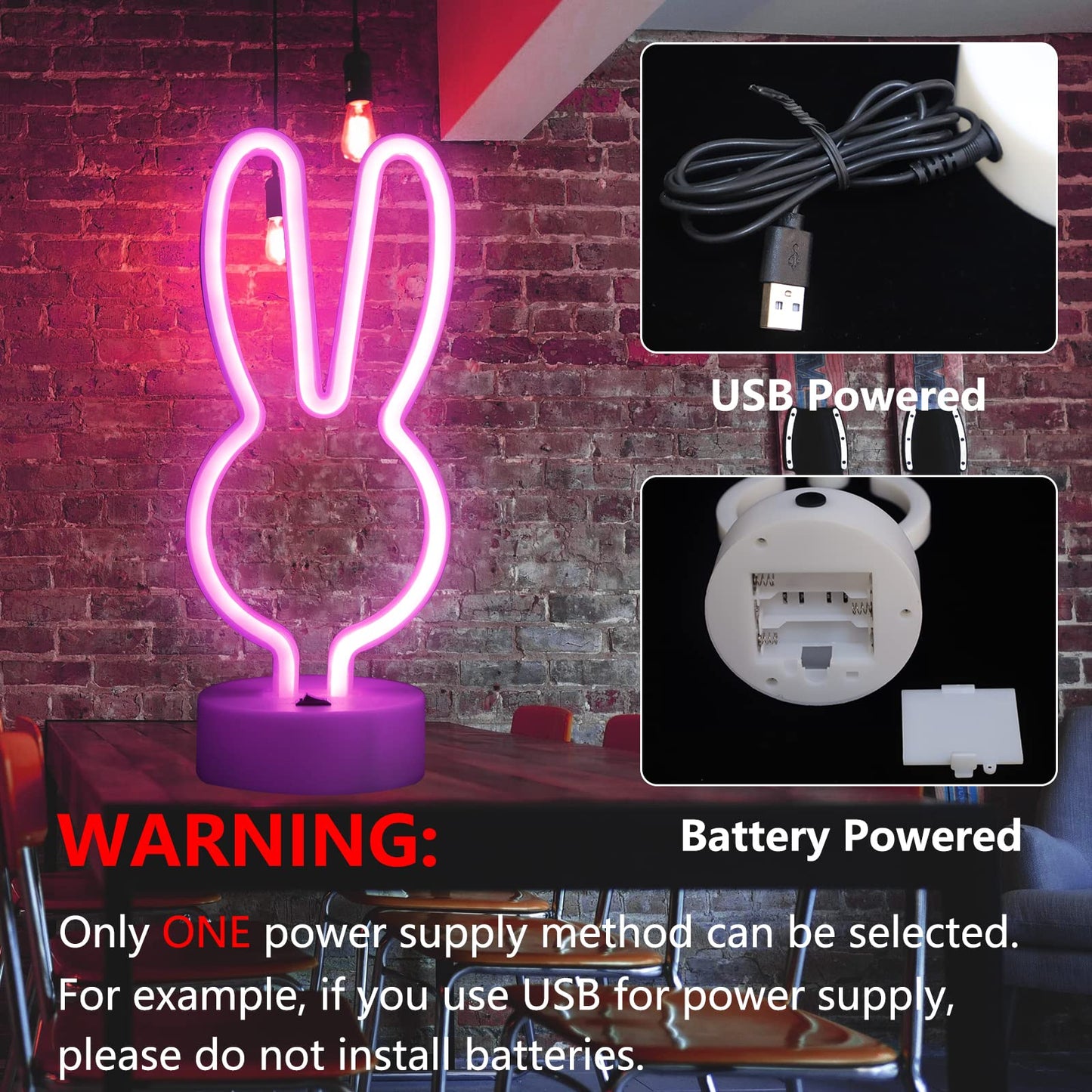 Easter Decorations Neon Signs, Creative Bunny Lights with Base - Battery/USB Operated Rabbit Stuff for Home, Nursery Room, Kids Bedroom, Spring Decor (Pink)