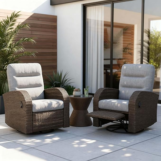 Outdoor Swivel Recliner Chair Set of 2, All-Weather Wicker Reclining Patio Chair with Adjustable Backrest and Footrest