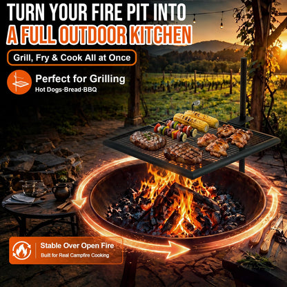 Ferrochef 24" x 24" Fire Pit Campfire Grill Grate Campfire Grill Portable Open Fire Cooking Heavy-duty Foldable Camping Cooking Barbecue Rack Easy Setup & Adjustable Height for Outdoor BBQ