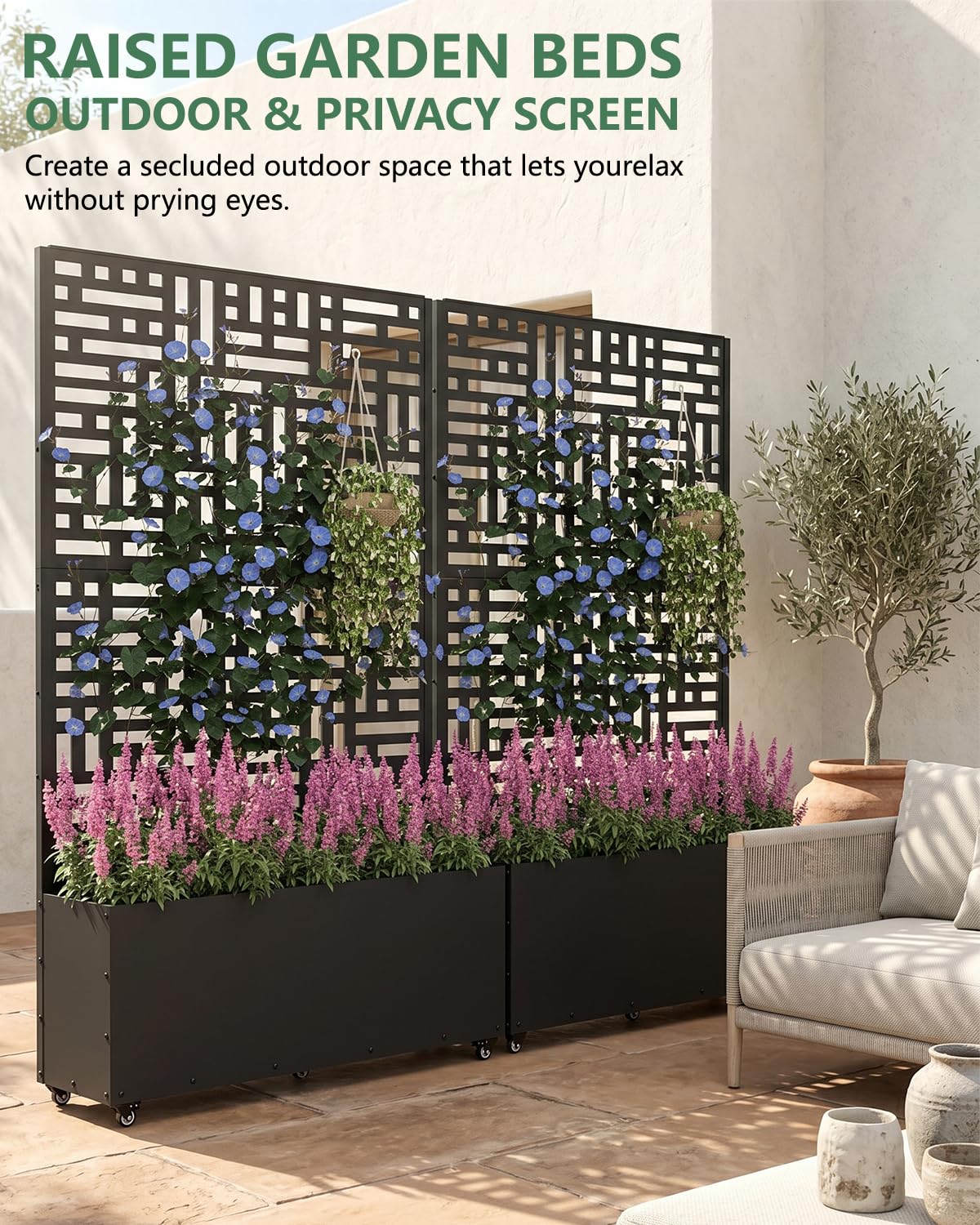 FOLAWO Metal Planter Box with Trellis,70.9"x47.2"x15.7" Raised Garden Bed with Drainage Holes, Privacy Planters for Outdoor Garden Bed for Climbing Plants,Vegetables,and Vines,Black-Modular