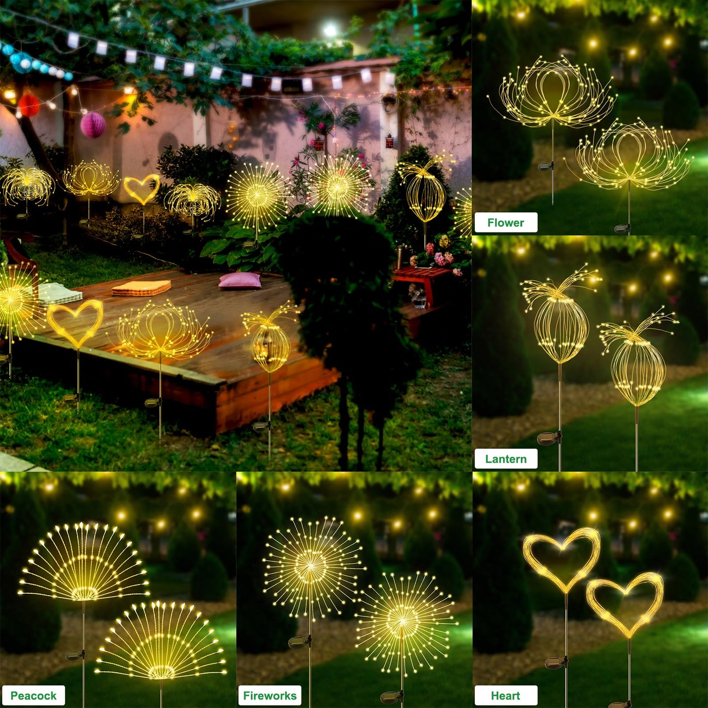 Slyuexu Solar Garden Lights Outdoor Waterproof, 2 Pack 120 LED Solar Firework Lights Decorative Garden Décor Outside for Flowerbed Pathway Party Christmas Decoration, Warm White