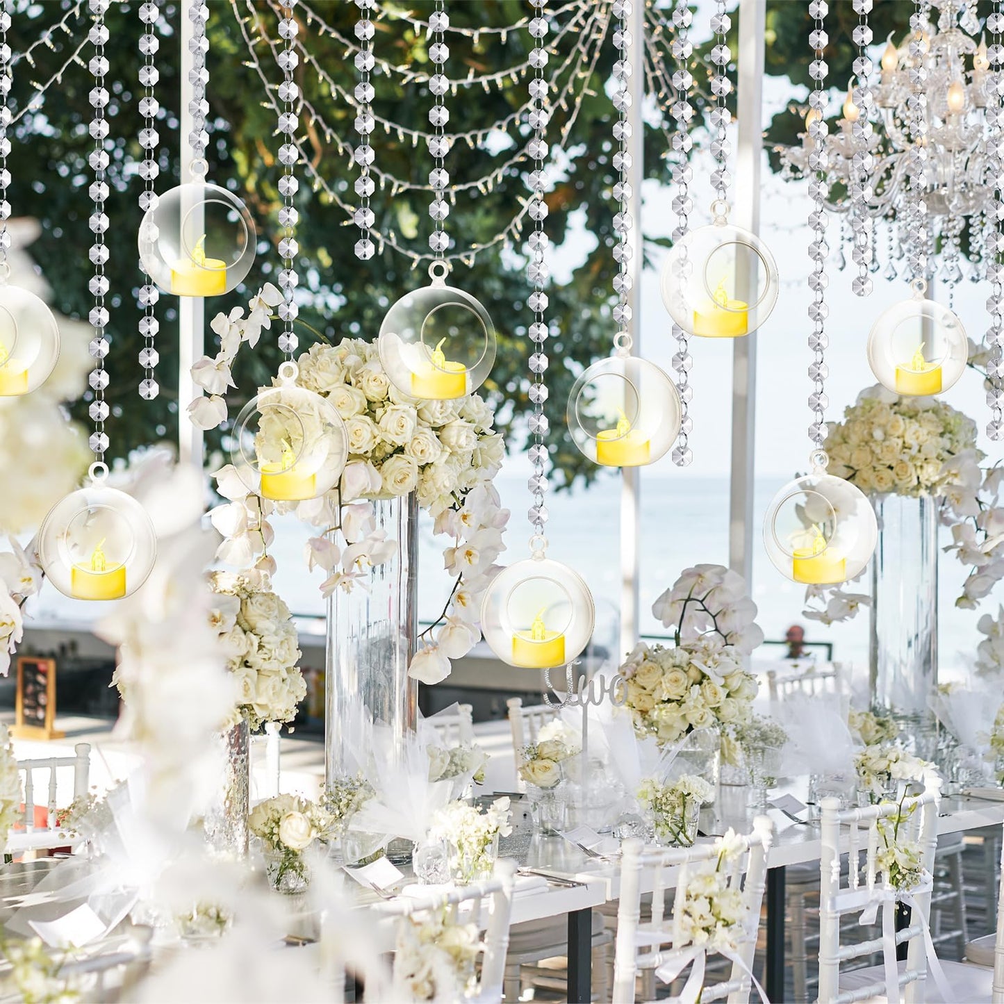 Booson 100 Pcs Hanging Candle Holder Glass Globes Orbs with Crystal Acrylic Gems Bead Garland Tea Lights Candles Holder for Wedding Party Tree Decor