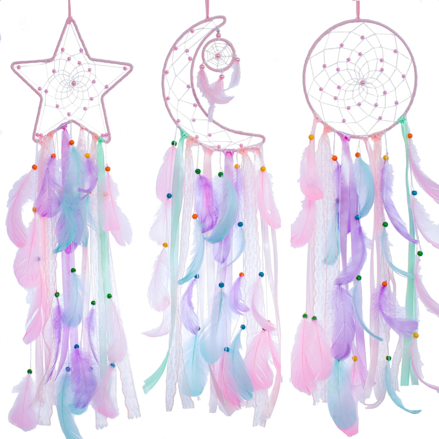 3 Pack Pink Star Moon Sun Dream Catcher - Pink Dream Catchers for Girls, Teen Girl Room Decor, Grils Bedroom Decoration