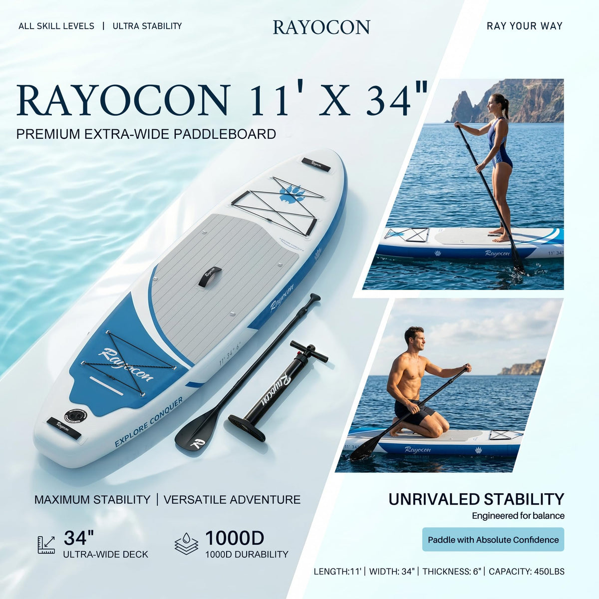 Inflatable Stand Up Paddle Board 11'×34" Extra Wide SUP, Ultra-Stable for Adults & Dog, 450lbs, Dual Chamber Pump, Fiberglass Paddle, Military Grade Dual Layer, Wild Bear Claw Polar Design Blue