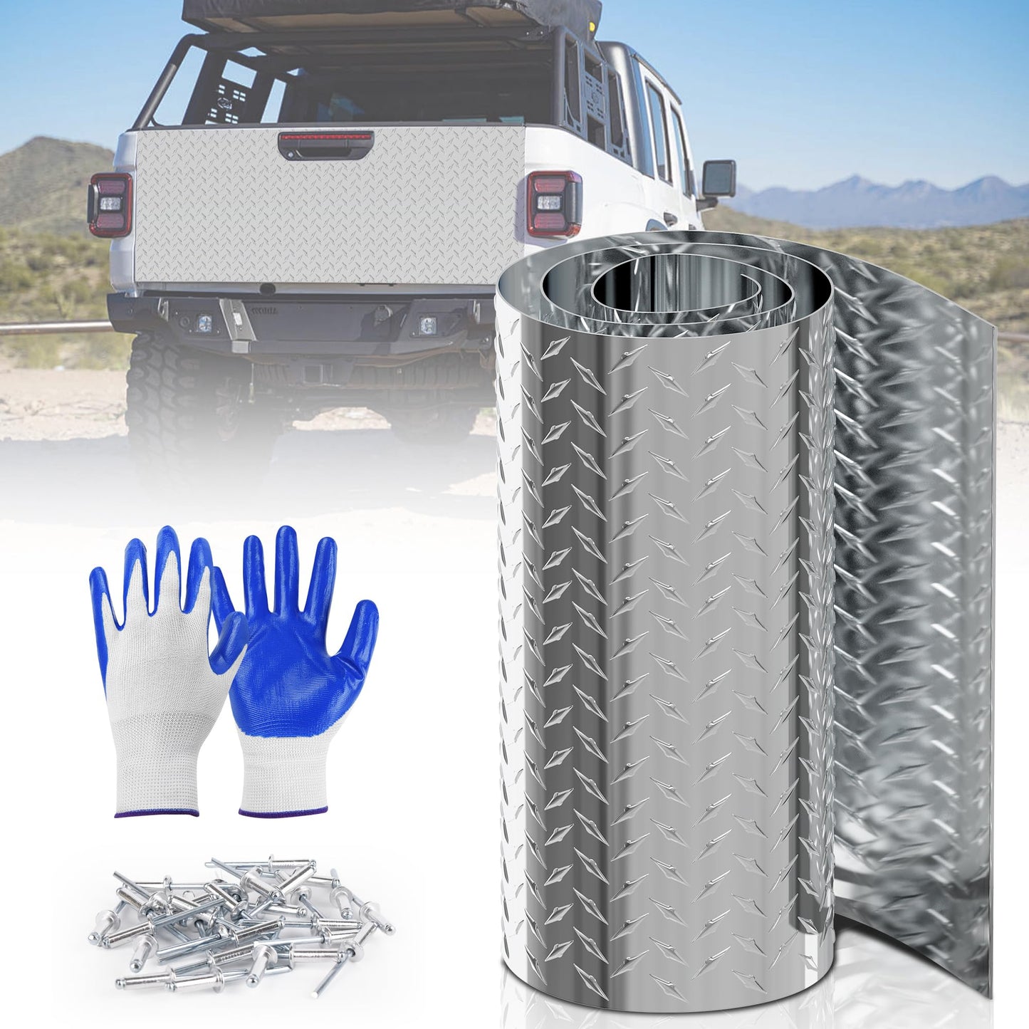 Diamond Plate Aluminum Sheet 0.045" 3003-H22 with Gloves/Rivets for RV Floor Repair, Truck Bed Liner, Garage, Boat Dock, Commercial Kitchen Use by DIY Owners & Professional Contractors 24x120in.