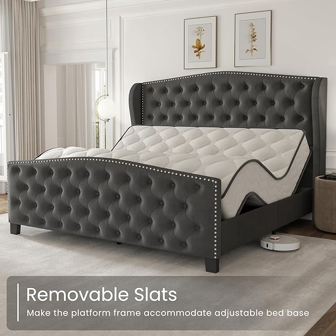 LARMACE Queen Size Bed Frame Velvet Upholstered Platform Bed