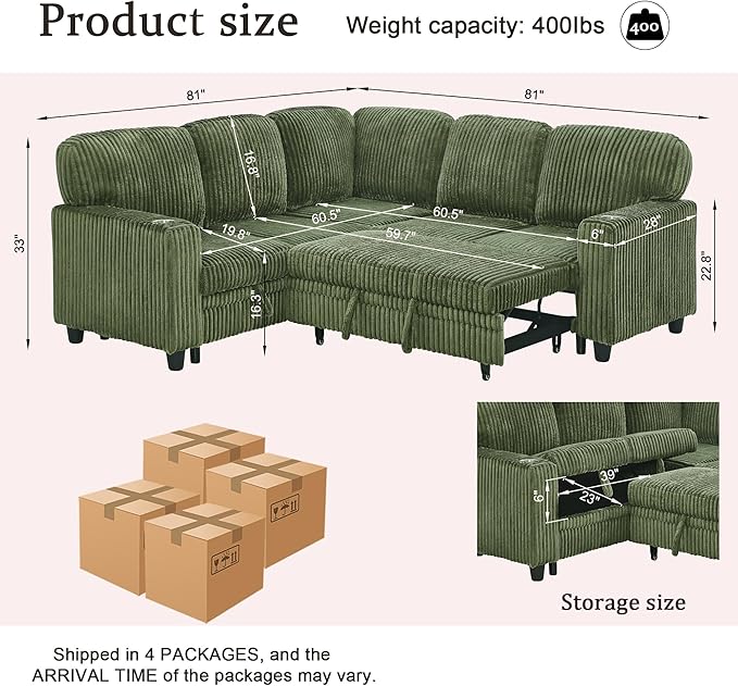 L-Shaped Sectional Couch with Storage and Pull Out Bed, Convertible Sofa Bed