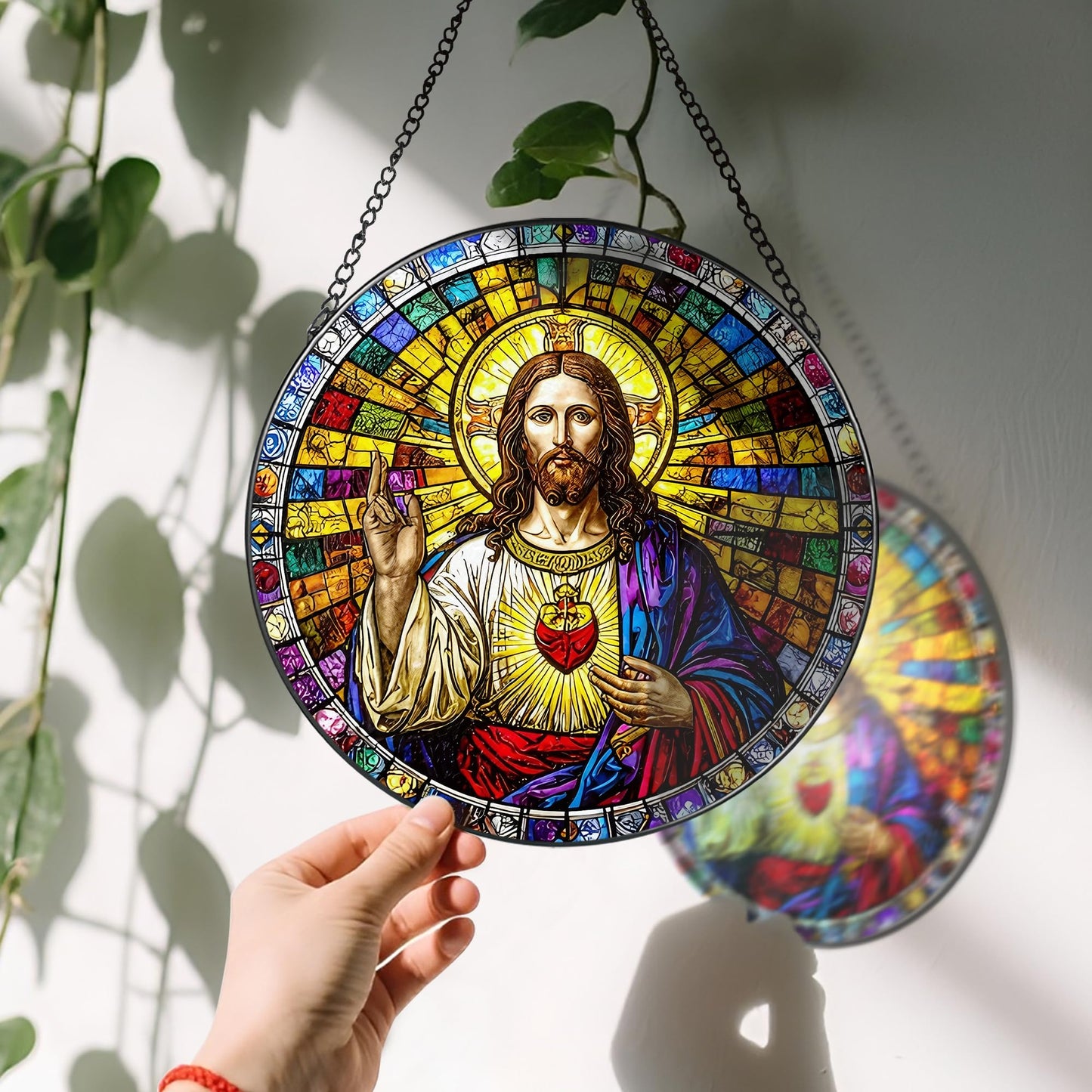 LAOWEIKI 8'' Sacred Heart of Jesus Stained Glass Suncatcher, Stained Glass Window Hanging, Religious Ornament, Christian Home Decor, Gifts for Christmas, Christian Gift, Religious Gift