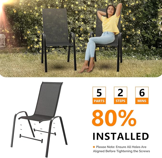 VINGLI Patio Chairs Set of 4 – Stackable Outdoor Dining Chairs with Comfortable Sling High Back Chairs and Armrests for Lawn, Poolside, Courtyard, Balcony, Garden, Black