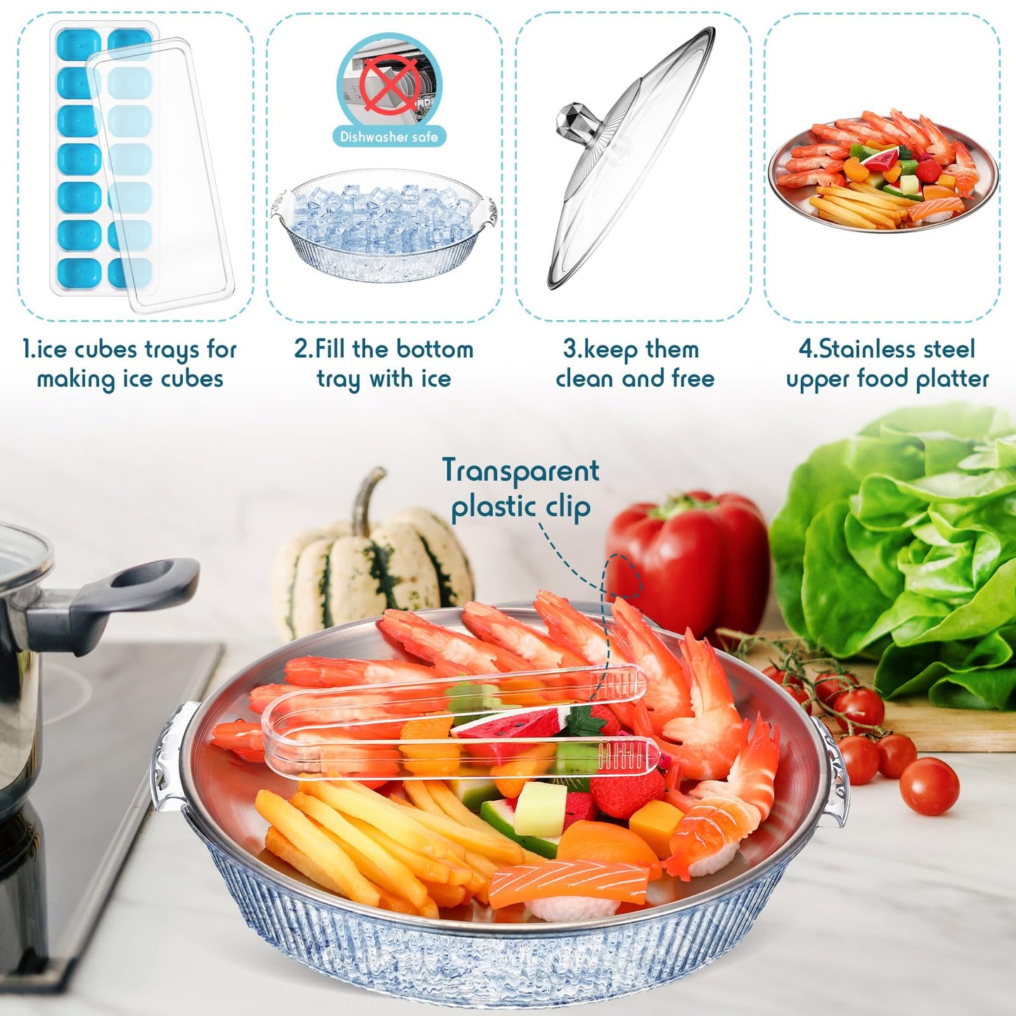 Baderke 1 Set 10" Chilled Serving Tray for Parties with Compartments and Lid Ice Chilled Platter Charcuterie Serving Board for Fruit Seafood Vegetable Appetizer Shrimp Cocktail (Silver)