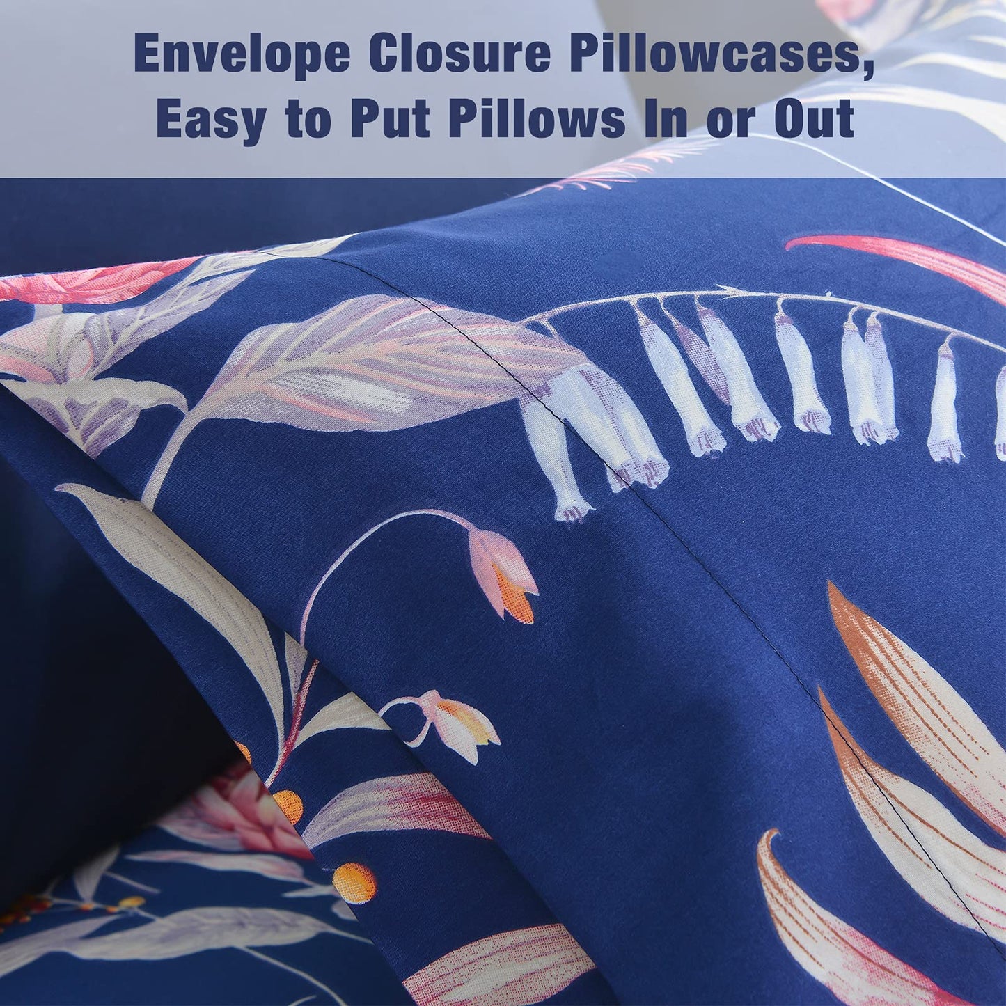 JSD Navy Floral Sheet Set Full Size, 4 Piece Printed Microfiber Sheets Extra Deep Pocket Wrinkle Free
