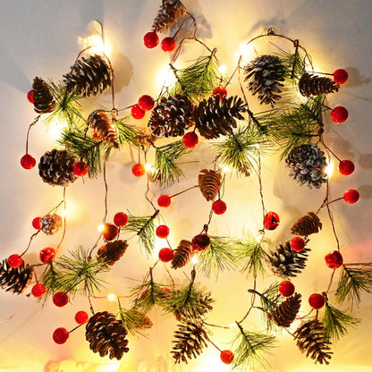 PALONMY Pine Garland with Lights Christmas Garlands 6.56FT 20LED Battery Operated Garland with Red Berry and Holiday Pinecones Prelit Lights for Home Windows Fireplace Stairs