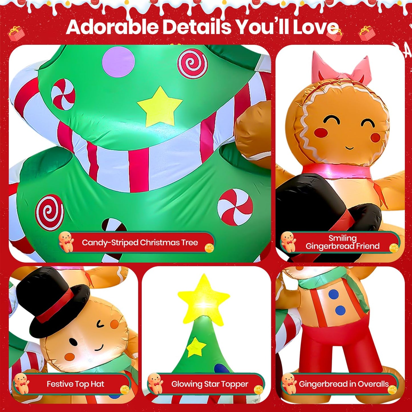 GVDV 8FT Inflatable Christmas Tree with Gingerbread Man Clearance,Giant Outdoor Christmas Inflatables Decoration with Bright LED Lights,Fast Blow Up Christmas Lawn Inflatables with Stakes & Sandbags