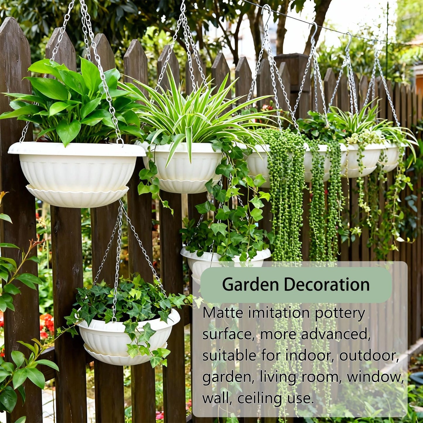 summer flower 3 Pack Large Hanging Planters 12.59in Plastic Plant Pots with Drainage Holes & Trays for Indoor Outdoor Garden Wall Window Decor (White)