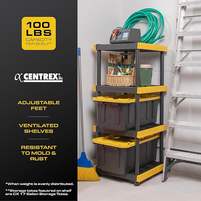 BLACK & YELLOW 4-Tier Heavy Duty Plastic Storage Shelves that Support up to 100lbs/shelf, Organization and Storage, Weather-Resistant Design, Easy Assembly, Made in The USA (55H x 24W x 20D)