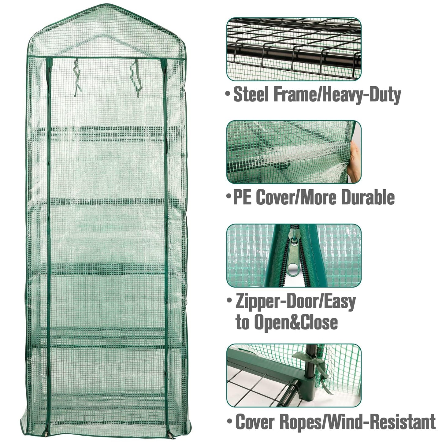 Worth Garden 5 Tier Mini Greenhouse - 75'' H x 27'' L x 19'' W - Sturdy Portable Gardening Shelves with Durable PE Cover w/ Roll-Up Zipper Door- Small Green House Indoor & Outdoor for Plants Flowers