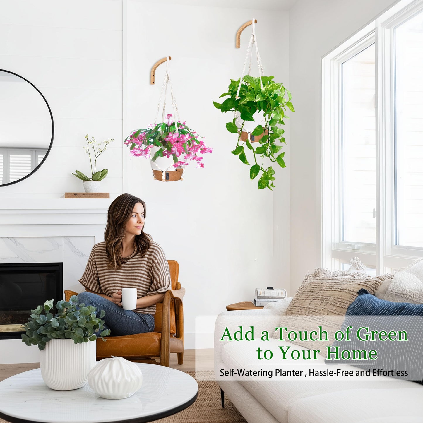 10 Inch Hanging Planters for Indoor Plants, 2 Pack Self Watering Hanging Baskets Flower Pots with Drainage Hole, Visual Reservoir & 2 Kinds of Plant Hanger for Outdoor Garden Home Decor (White)