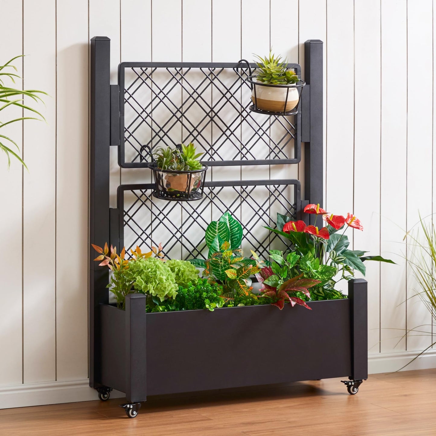 Foresland Metal Raised Garden Bed with Trellis, 50Hx38Wx14D Inch Compact Planter Box for Climbing Plants, Patio Balcony Garden, Privacy Screen with Wheels and Drainage Holes, Black