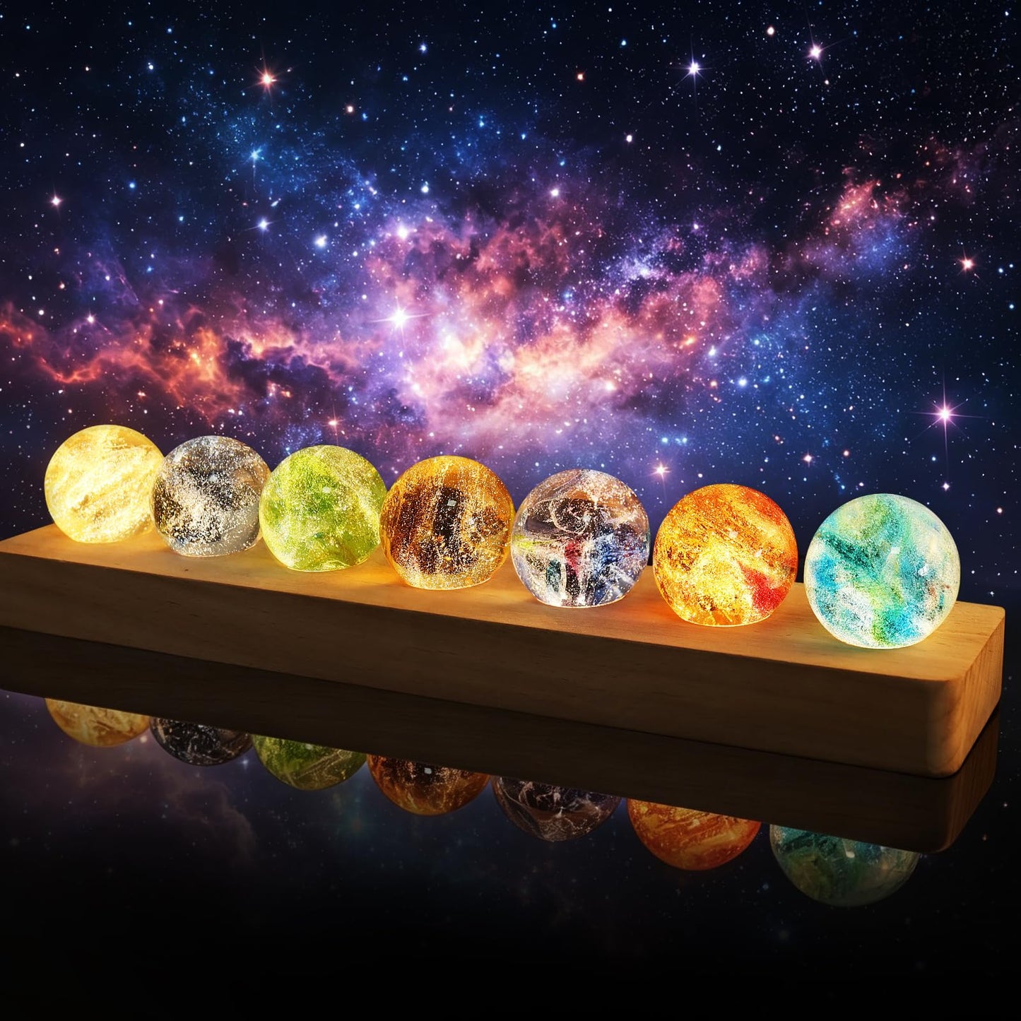 LOSCHEN 7 Chakra Natural Healing Spheres with LED Wooden Stand 40mm Crystal Quartz Stones for Meditation Energy Balancing Decor, Yoga Zen Home Office Desk Ornament