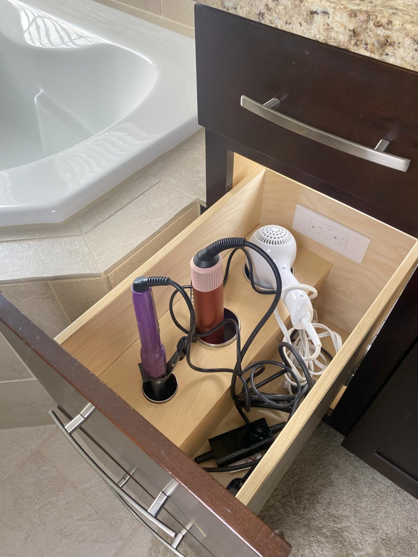 Compact in-Drawer Outlet with Cord Management Arm (2) USB-A Ports (2) 15 Amp Plugs fits Narrow and Shallow Drawers