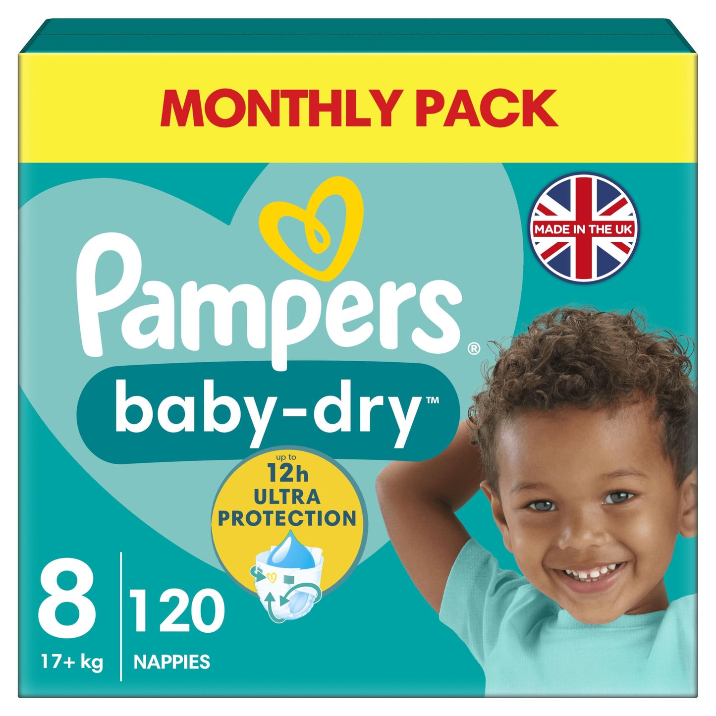 Pampers Baby-Dry Size 8, 120 Nappies, 17kg+, Monthly Pack, Up to a 100% Leak-Free Night