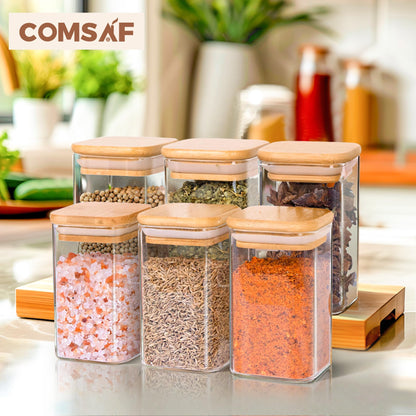 ComSaf 6Pcs 240ml Glass Spice Jars with Lids and Label, Glass Spice Bottle with Bamboo Lids Supplementary Set, Small Spice Container, Perfect for Ktichen Starter