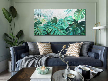 Enartly Tropical Green Leaf Canvas Wall Art Monstera Palm Leaf Painting Jungle Plant Botanical Picture Nature Artwork Print Framed for Living Room Bedroom Bathroom Office Home Decor, Large 40"x20"
