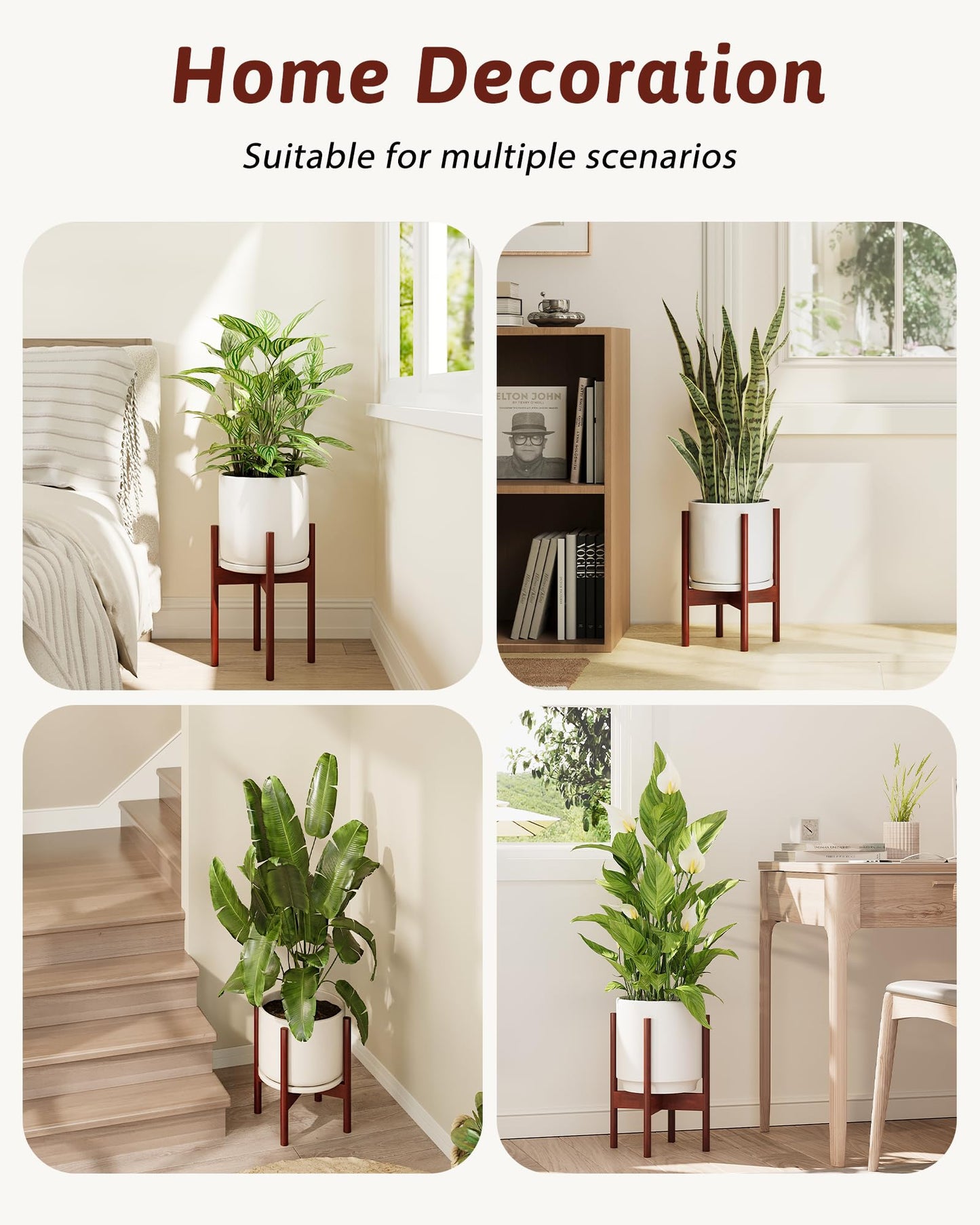 GENTINGBRO Adjustable Plant Stand Indoor, Bamboo Plant Stand Fits 8 9 10 11 12 Inches, Small Corner Planter Holder for Indoor Plants, Single Floor Plant Stands for Living Room Balcony, Reddish Brown