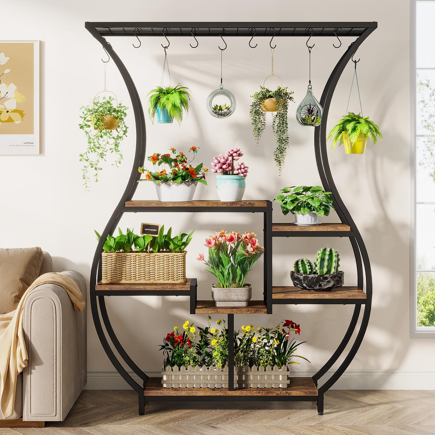 Tribesigns 6-Tier Plant Stand, 70.9 Inch Tall Plant Shelf with 10 Hanging Hooks, Vase Shape Ladder Plant Stand, Multi-Purpose Plant Display Rack for Indoor, Balcony, Living Room, Brown and Black