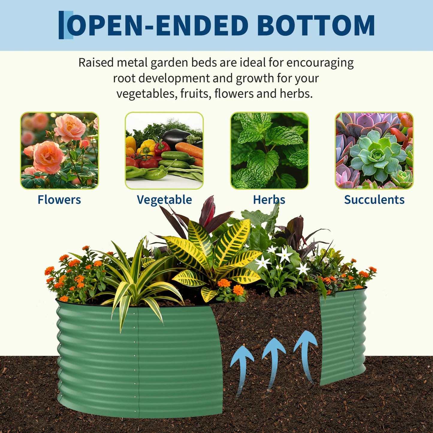 Garvee 8x4x1.5ft Galvanized Raised Garden Bed, Oval Metal Planter Box with Anti-Cut Safety Edges, 359 Gallons Rust-Resistant Deep Root Planter for Outdoor Vegetables, Flowers, Herbs, Green