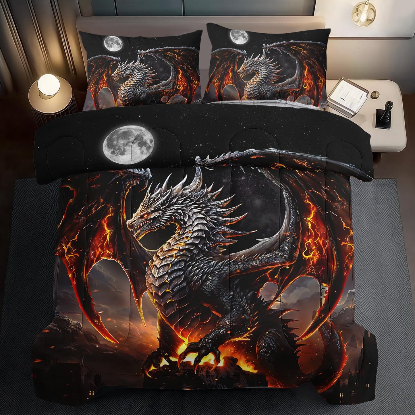 llyxsesty Black Dragon Comforter Set Full Adult,Flame Dragon Bedding Set for Boys,Magical Beast Bedding Fantasy Animal Comforter Beedroom Decor,Magical Beast Quilt Bed Decor