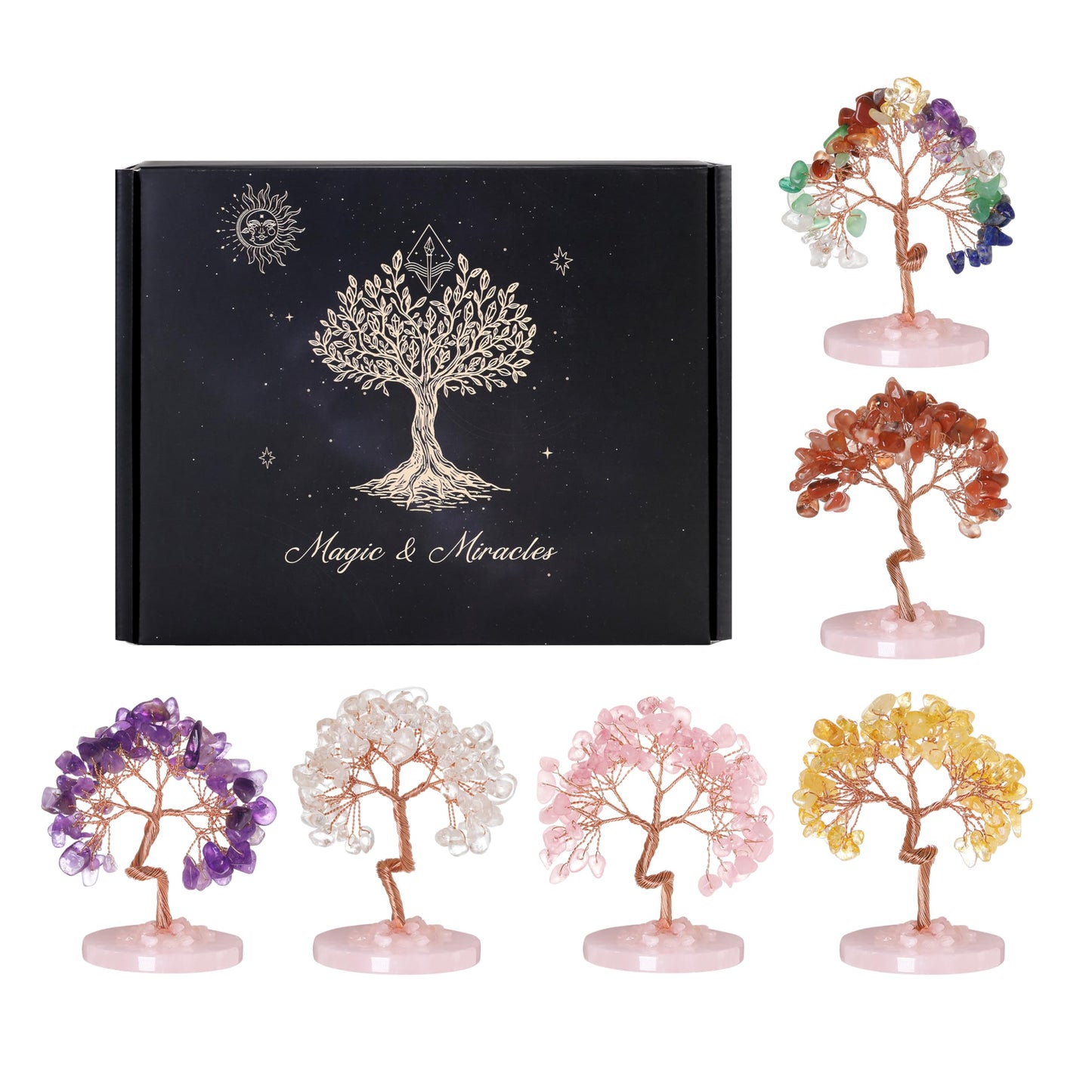Crystal Tree Gifts for Women Handcrafted Tree of Life Healing Crystal Stones Home Office Desk Table Decor Natural Chakra for Positive Energy Spiritual Birthday Gifts for Mom Dad Sister Set of 6