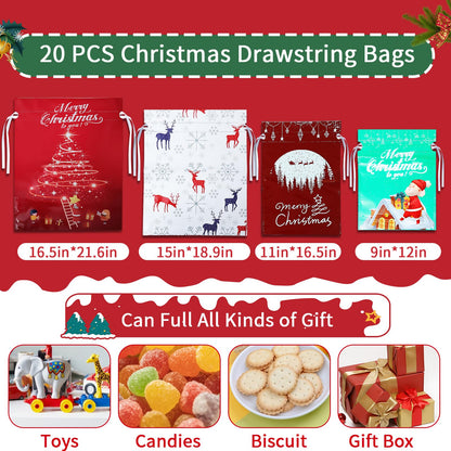 Yunaeduo Drawstring Christmas Gift Bags -20PCS Christmas Bags Assorted Sizes for Presents - Plastic Wrapping Bags Bulk - Xmas Gift Bags, 4 Designs (5 of Each) Extra Large/Big/Medium/Small Sizes